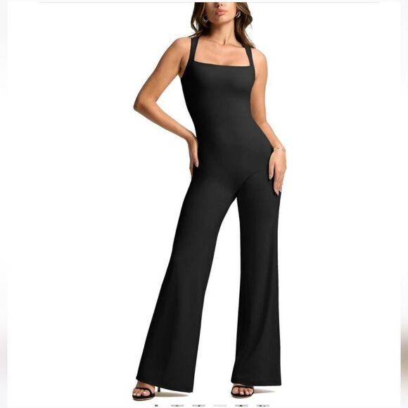 Vilanva Wide Leg flare Jumpsuit Square Neck One Piece Outfit Stretch Romper S - Picture 1 of 7